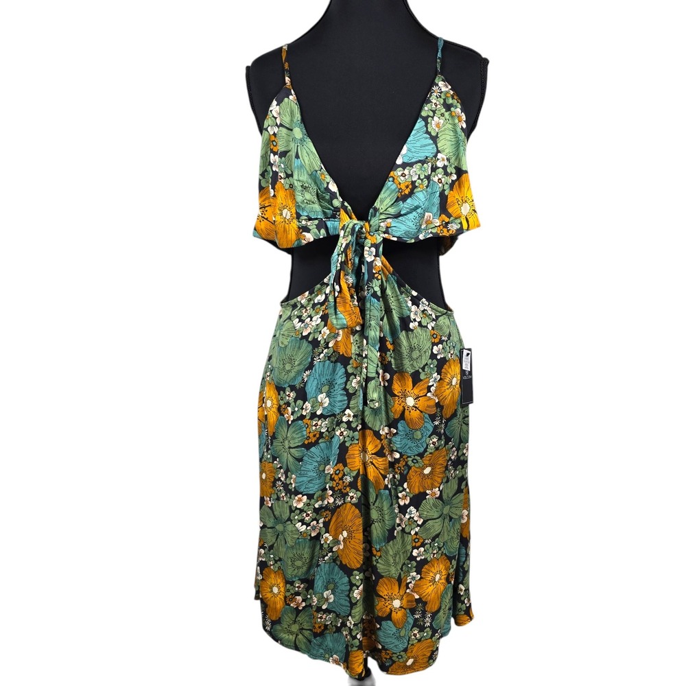 Volcom Floral Cut-Out Midi Dress Woman Large Green Gold Retro 70s Style Boho NEW